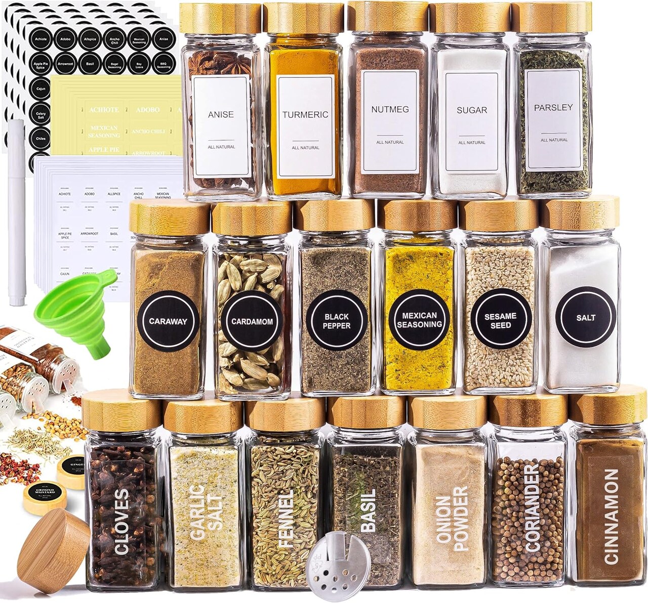 Glass Spice Jars with Bamboo Lids & Labels – Airtight Kitchen Storage Set with Funnel, Organizer for Spices, Seasonings, Sugar, and Other Dry Ingredients